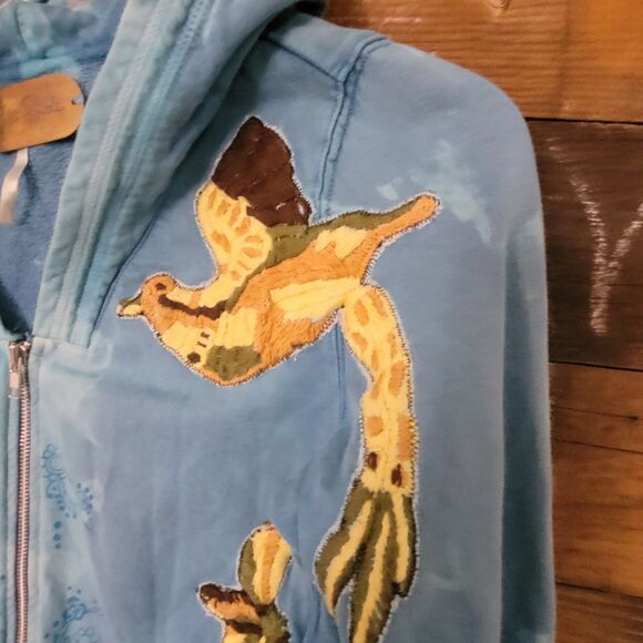 Free People Hoodie Women M Blue Tie Dye Embroidered Flying Birds Full Zip - Picture 7 of 16